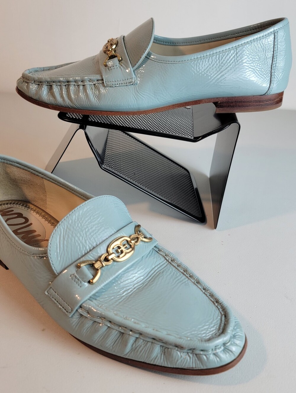 Sam Edelman Women's Lucca Horse Bit MocToe Loafer Crinkle Leather Powder Blue 9M